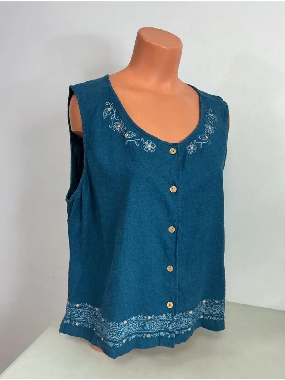Erika Linen Tank Camisole Paisley Beaded Womens XL
